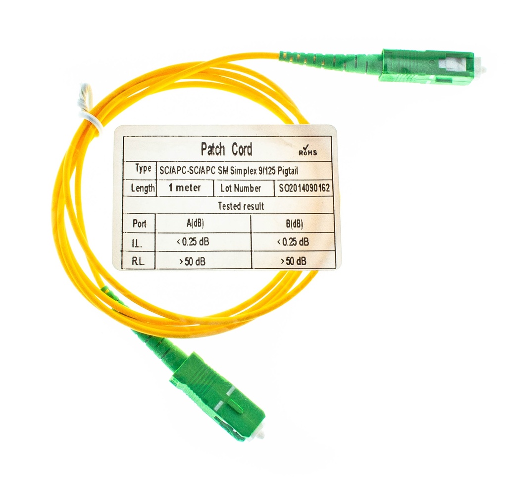 Patch Cord Fibra Optica 1 Mts SM SC/APC-SC/APC 2.0mm, G652D