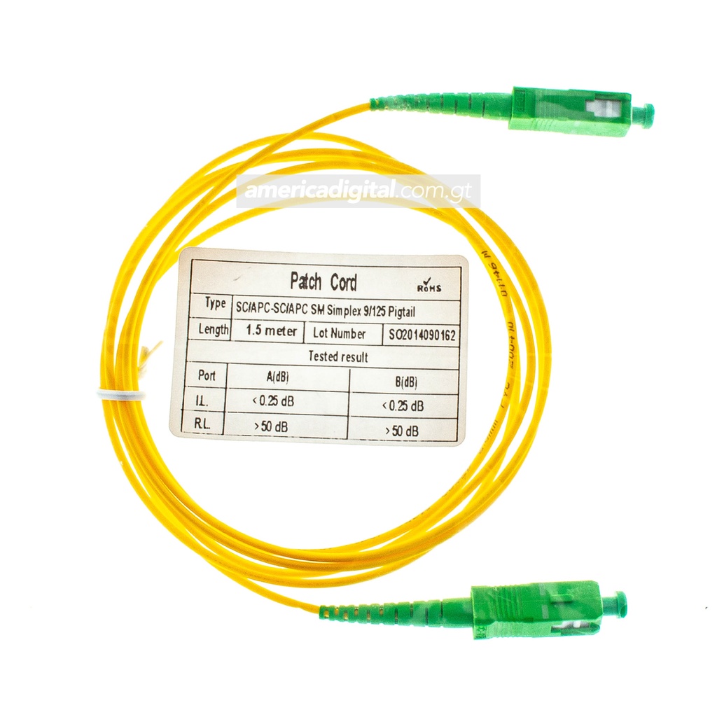 Patch Cord Fibra Optica 1.5Mts SM SC/APC-SC/APC 2.0mm, G652D