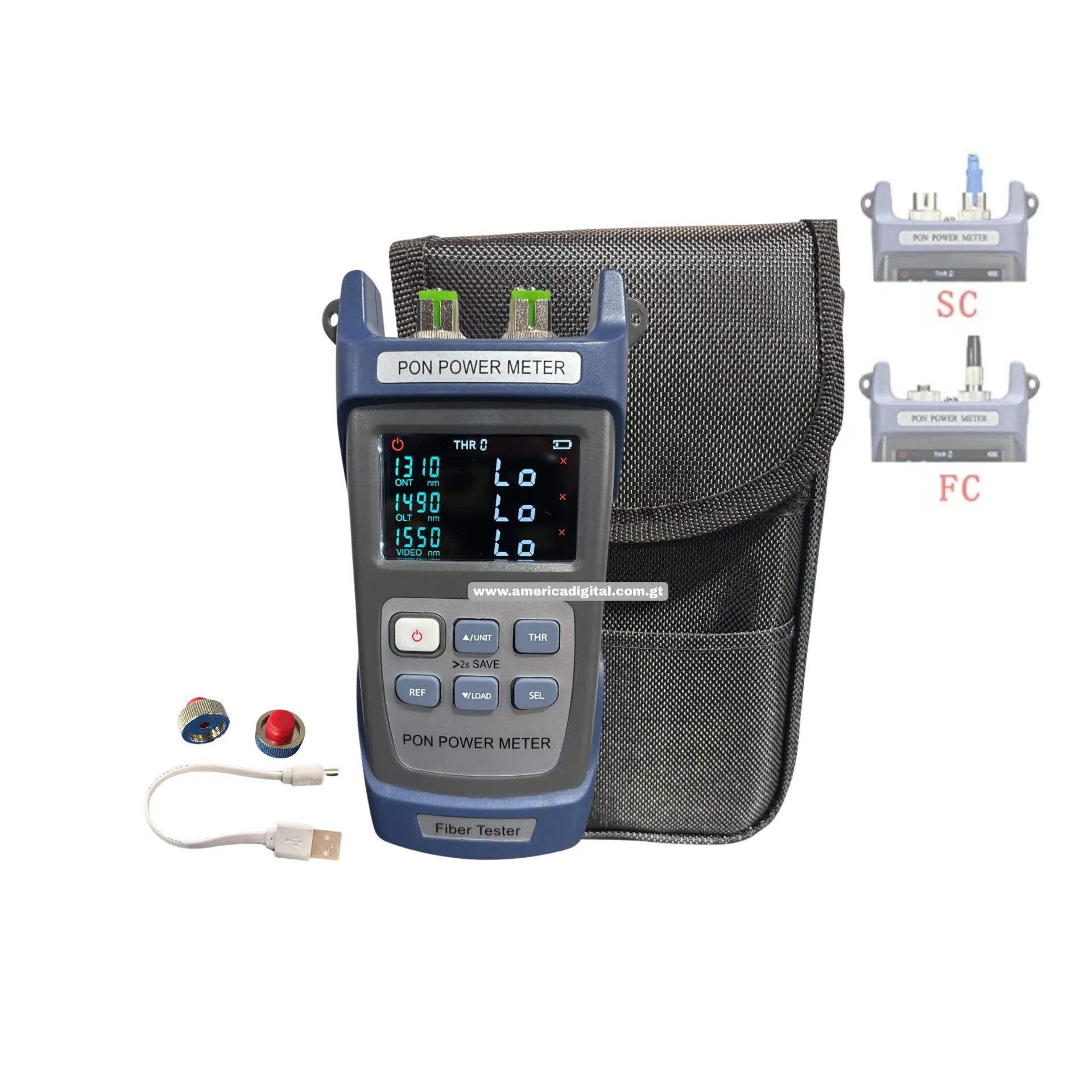 Medidor de potencia PON 1310/1490/1550 SC/APC           Doble opción de alimentación USB  3 baterías AA no incluidas