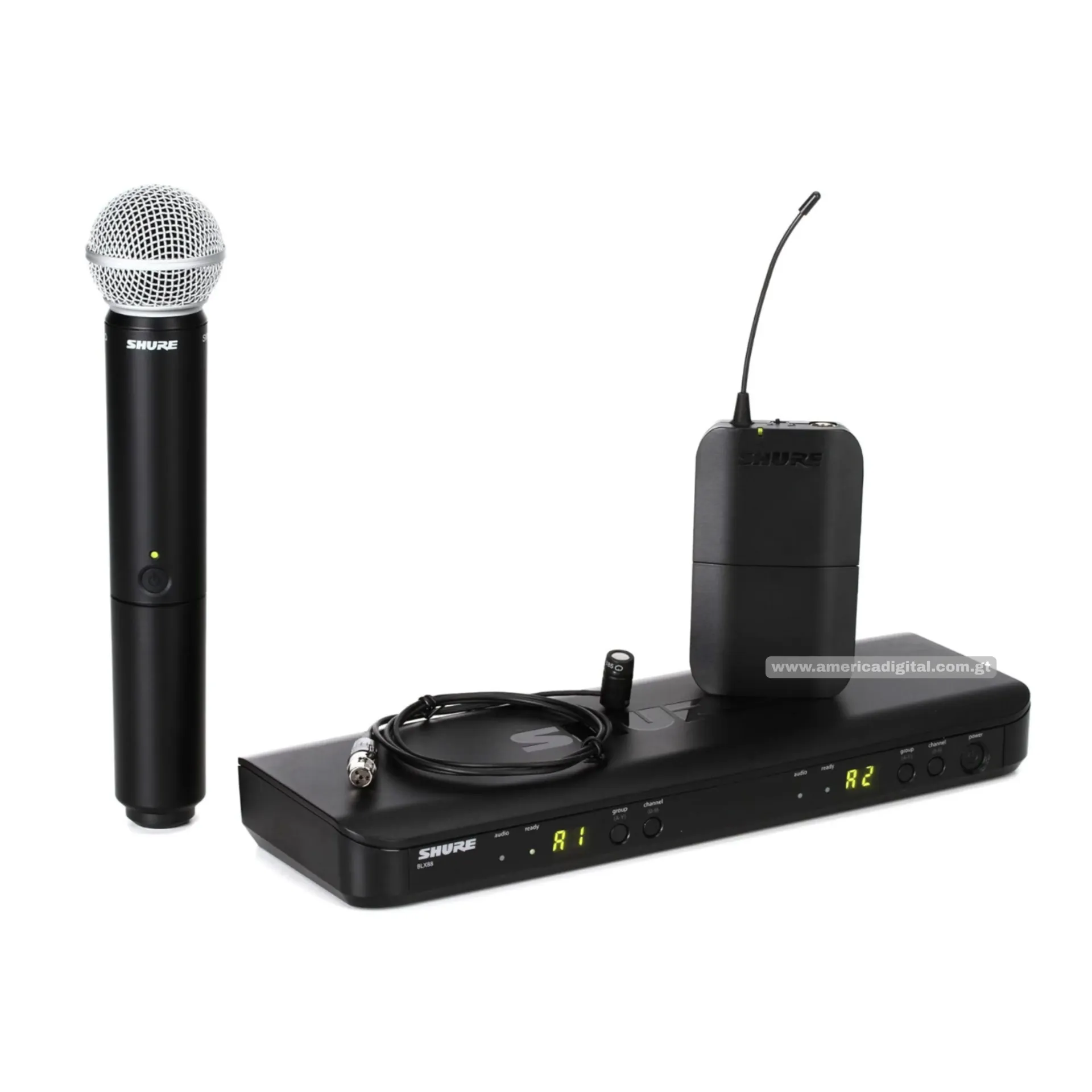 [EA197NBLX1288W85] Micrófono Shure inalámbrico de doble canal,  incluye micrófonos de mano y de solapa, receptor de doble canal, banda H10