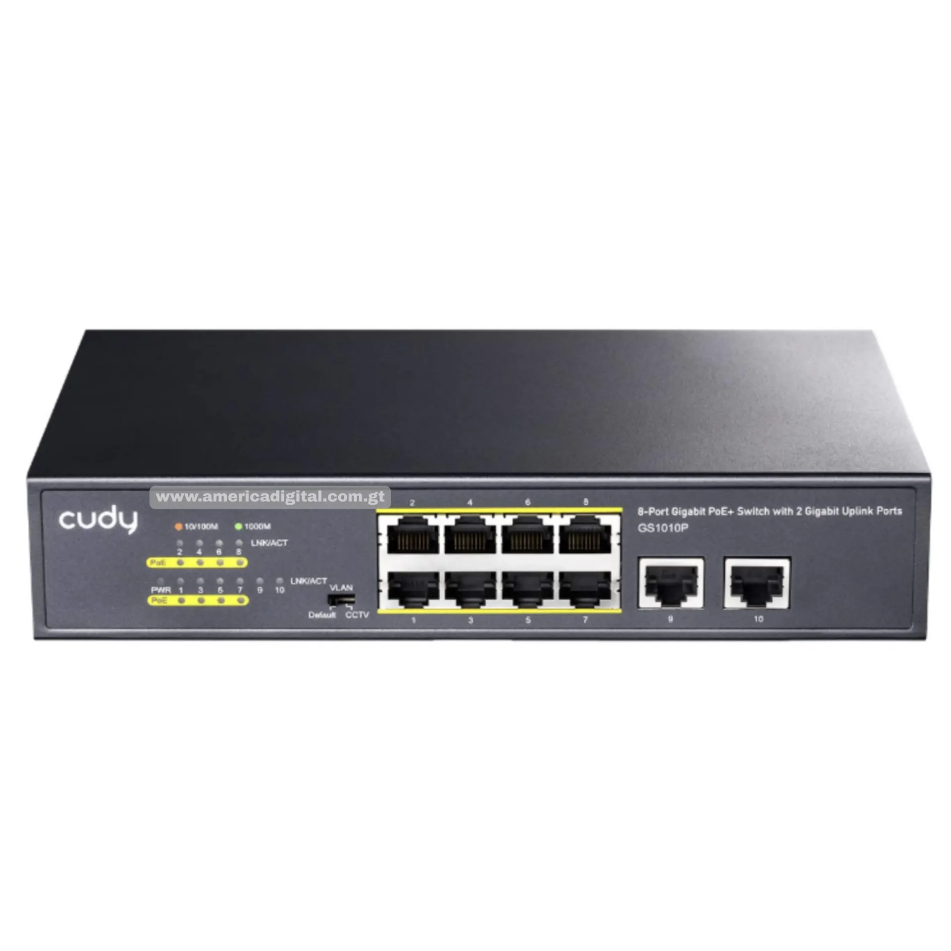 Switch 10 Puertos, con 8 x PoE+ 120W, escritorio / rack, CCTV/VLAN, No Administrable