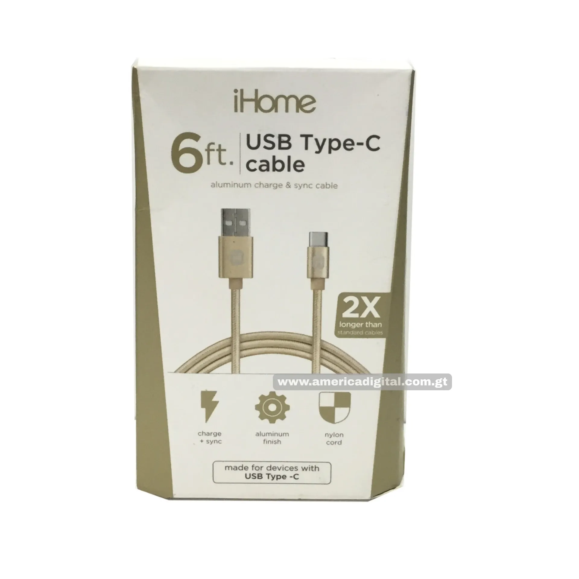 Cable USB tipo C de nailon iHome, 6 ', dorado, IH-CT3011AD